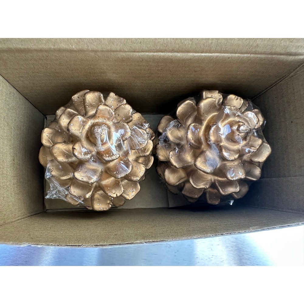 Gold Pinecone Pillar Candles Set of 2 Metallic Christmas Holiday Decor 3.25 inch